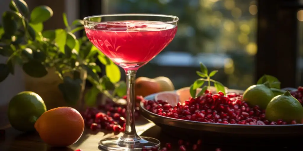 Close up of a Pomegranate Daiquiri in a light bright kitchen environment with light coming from a window behind