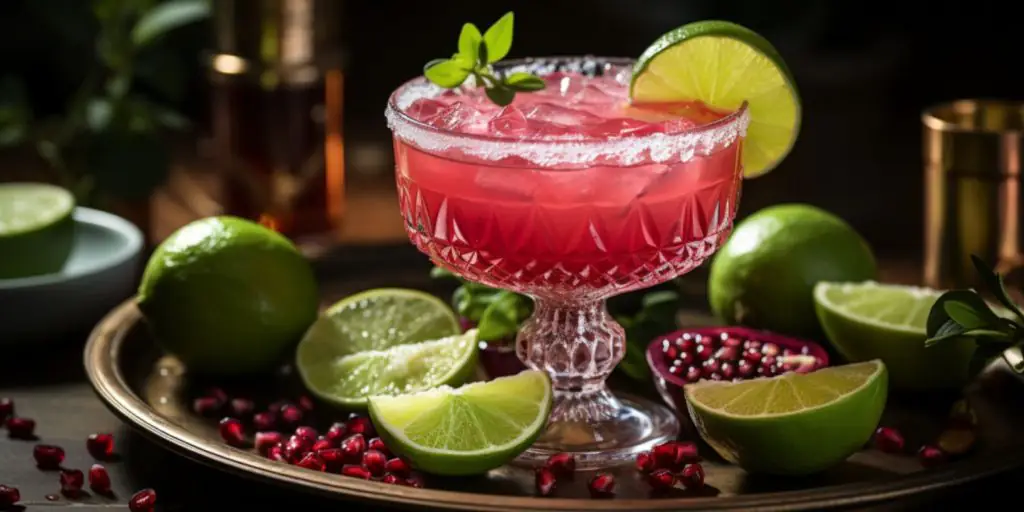 Close up of a Pomegranate Margarita with a salted rim garnished with a lime slice