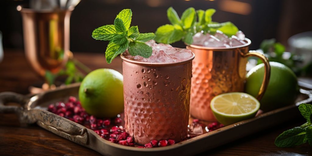 Close up of a pair of Pomegranate Moscow Mule cocktails in a light bright home kitchen environment