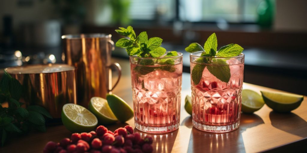 Close up of a pair of Pomegranate Rose Paloma cocktails in a light bright home kitchen environment