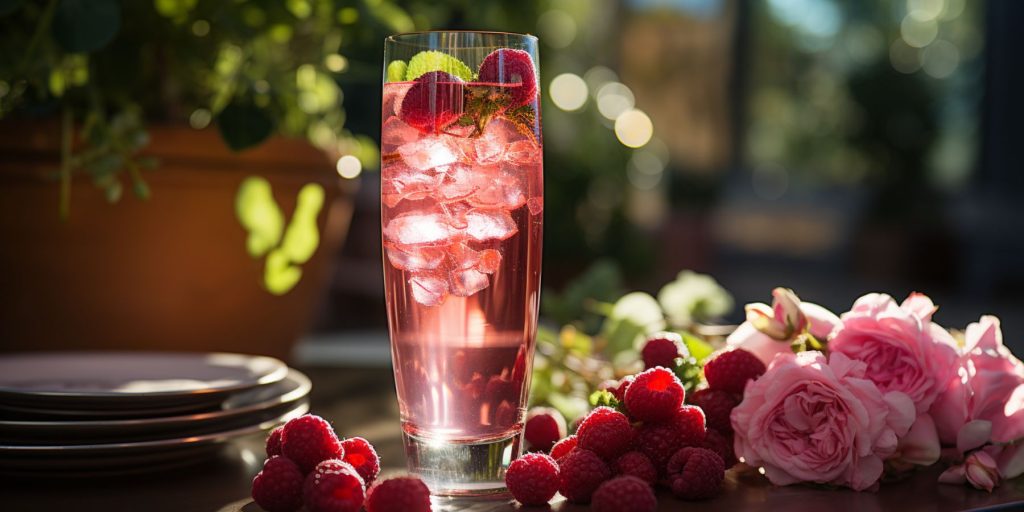 Front view of a backlit Raspberry Bellini in an inviting outdoor setting