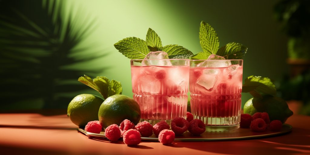 Two Raspberry Caipirinha Cocktails with fresh mint, lime and berry garnish