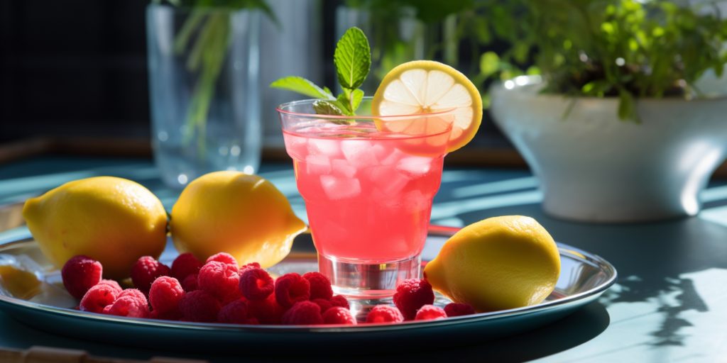 Raspberry Lemon Drop Martini on a tray with fresh lemons and raspberries