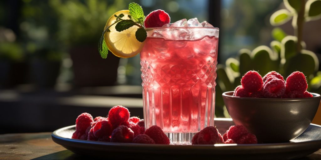 Close up of a backlit Raspberry Sour cocktail in an inviting outdoor environment 