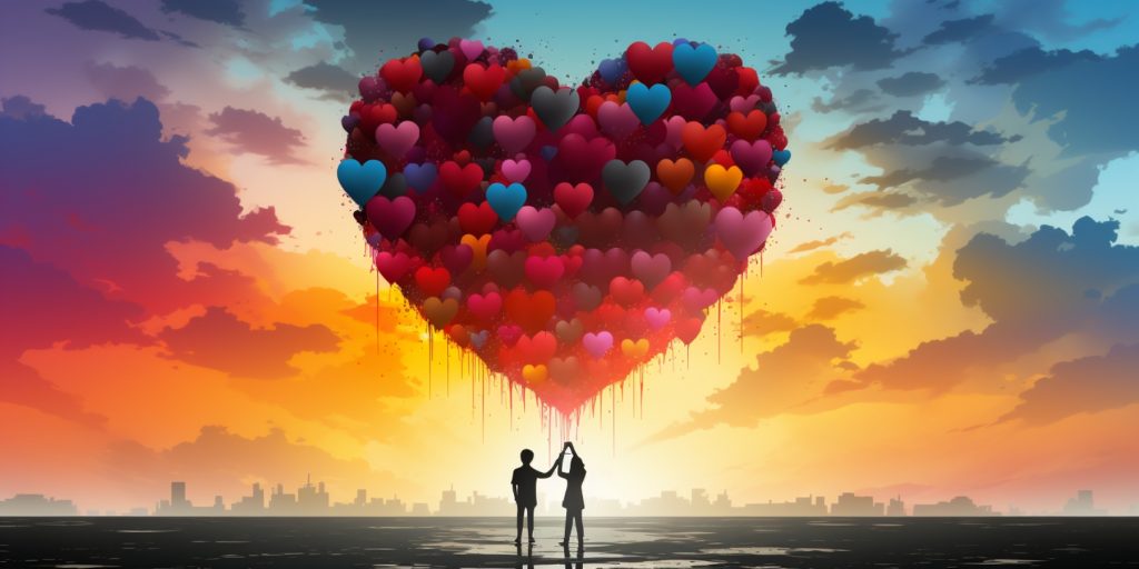 Color illustration of a giant heart balloon, made up of rainbow colored hearts