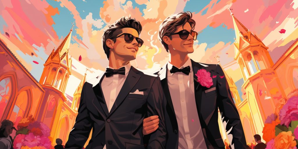 Classic color illustration of a handsome young gay couple on their wedding day