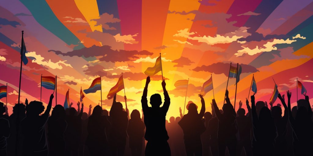 color illustration of group of people in silhouette holding Pride flags in the air