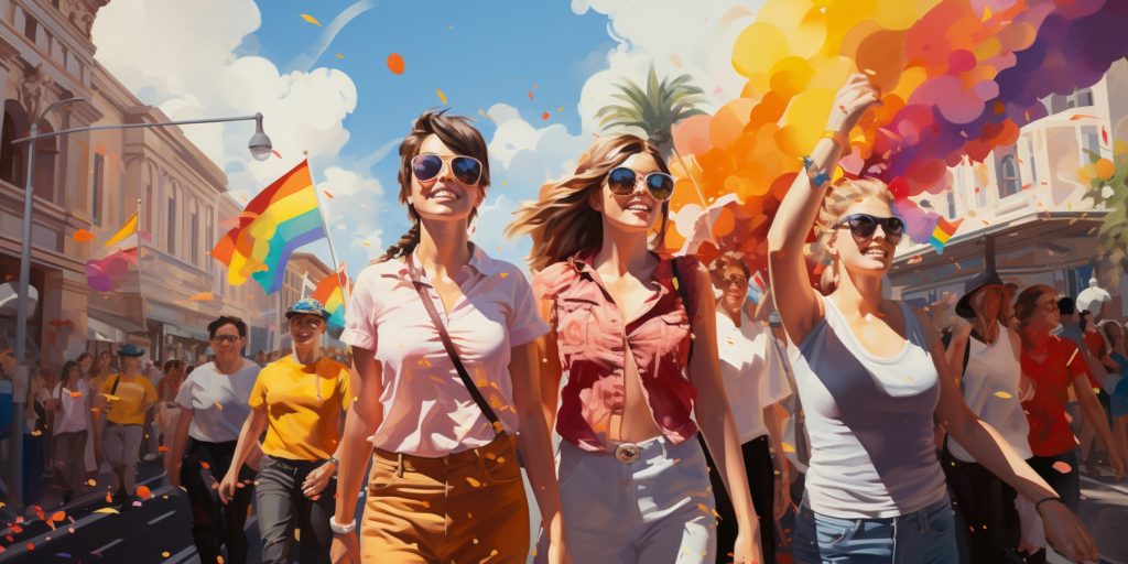 Classic color illustration of Pride parade in Los Angeles 