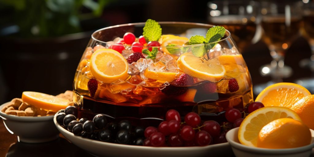 Close up of a large punchbowl ful of Sassy Sangria with lots of berries and grapes as garnish