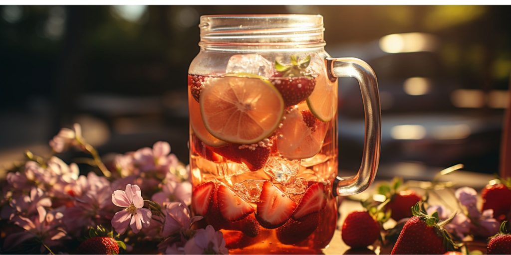 Close up of a jar of Strawberry Rose Sangria in a sunny outdoor space, surrounded by pretty blossoms