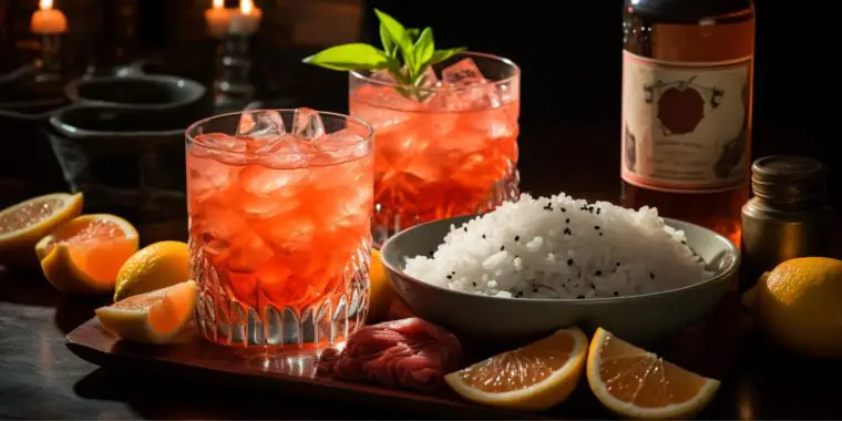 Close up of a pair of Sushi Rice Negroni cocktails next to a bowl of sushi rice in a moody ktichen setting