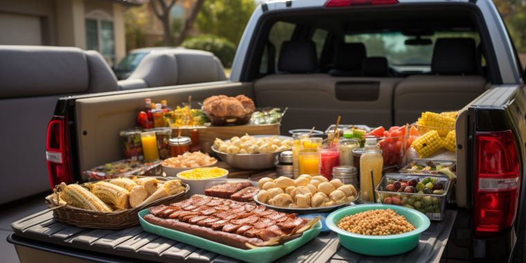 A tasty spread of food and drinks on the back of a pickup truck at a tailgate party