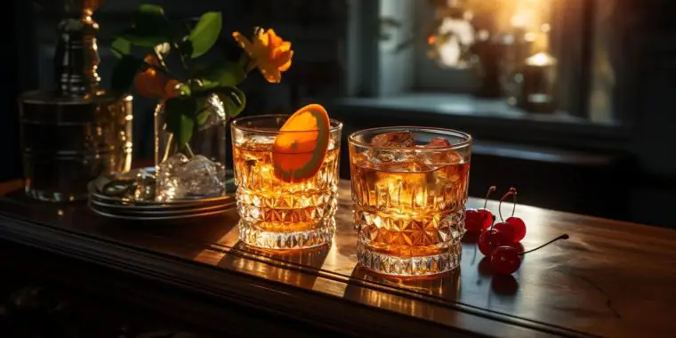 An Old Fashioned cocktail and Manhattan cocktail on a wooden table in a light bright home kitchen setting