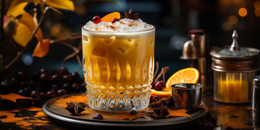 Close up of a Fall Spiced Apple Sour cocktail againt a dark and dramatic backdrop garnished with spices and sliced fruit