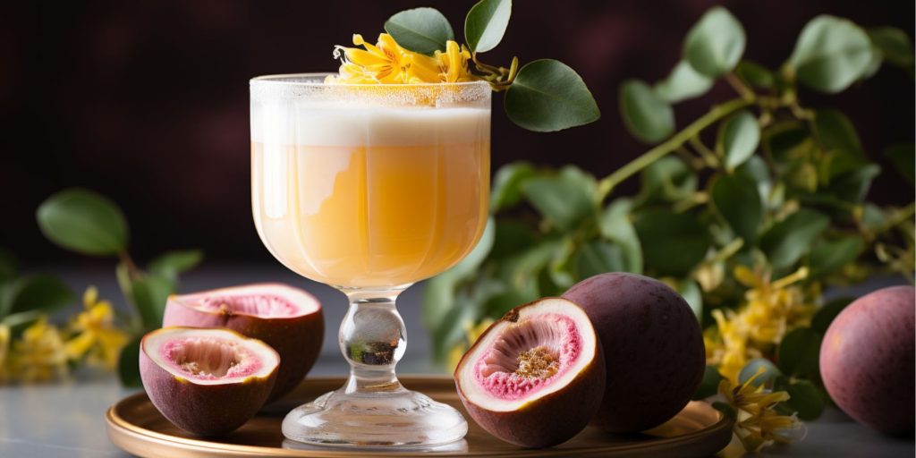 Close up of a Passionfruit Whiskey Sour variation in a stylised studio environment, styled with fresh passionfruit among its base