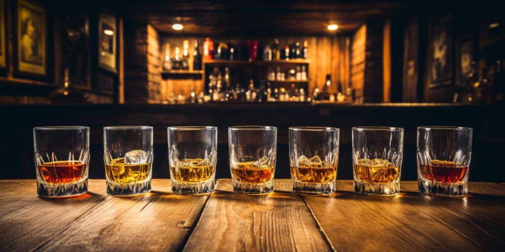 A set of whiskey tasting glasses lined up on a rustic wooden table, each containing a different whiskey option for crafting the perfect Old Fashioned.