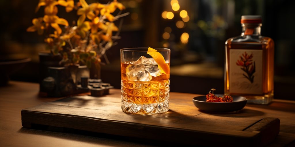 Old Fashioned cocktail next to a bottle of Japanese whisky