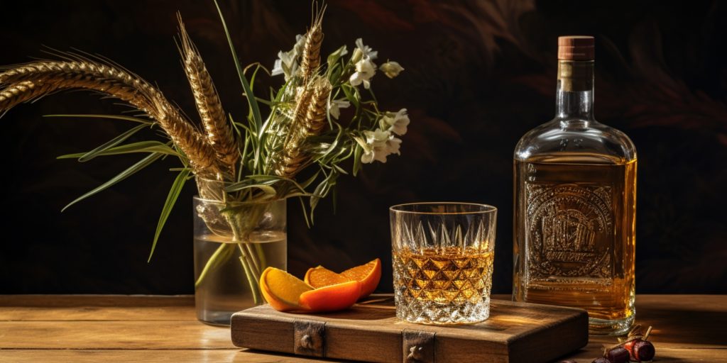 A bottle of whiskey and a tumbler of liquor in featured in a paintery tableau with slices of citrus fruit and a vase of foliage against a dark backdrop