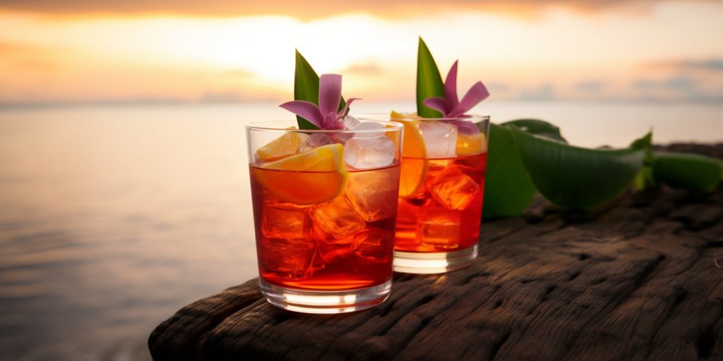 Two Jamaican Negronis served next to the ocean at sunset