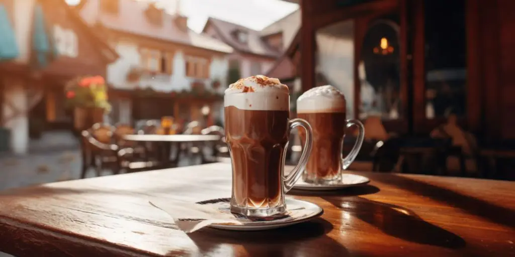 Two Bavarian coffee cocktails on a table at a German restaurant outside in the sun
