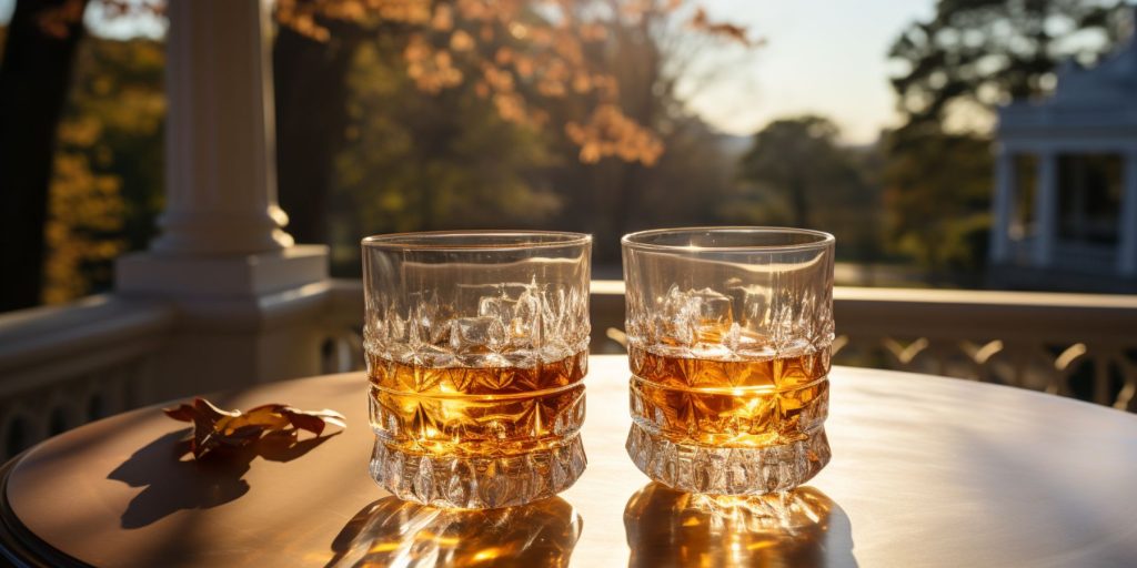 Two tumblers of bourbon on a table overlooking a typical ranch scene from a veranda on a summer's day