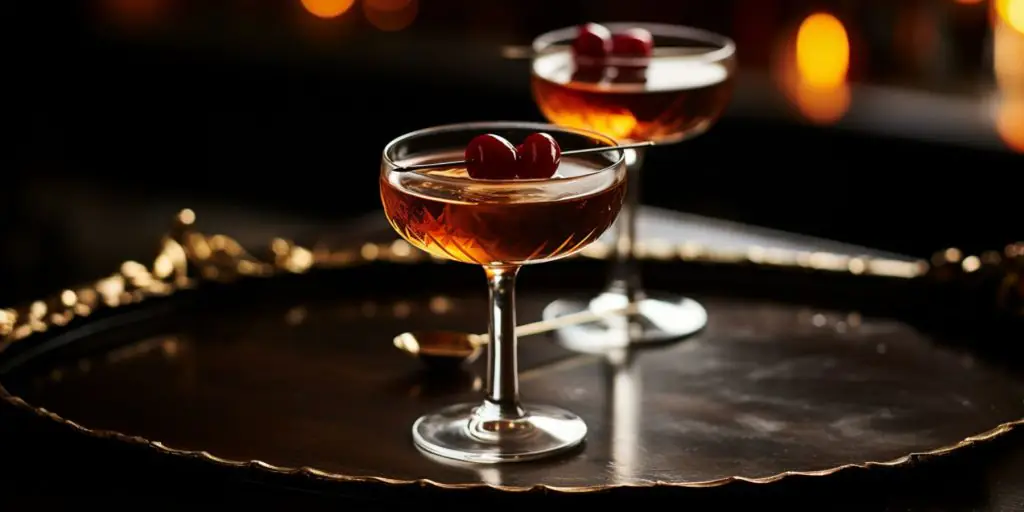 Two Brandy Vermouth cocktails in a German lounge setting on a dark wooden table