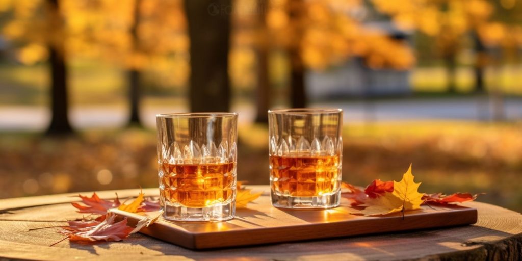 Two tumblers of Canadian whisky on a picnic table in a maple forest in fall