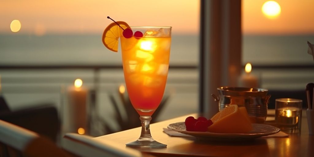 A backlit Bahama Mama cocktail standing on table on a veranda overlooking the ocean at sunset