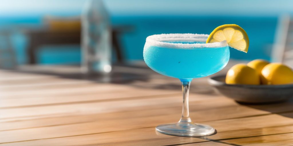 A frosty Jack Frost cocktail on a table outside in the sunlight overlooking the ocean