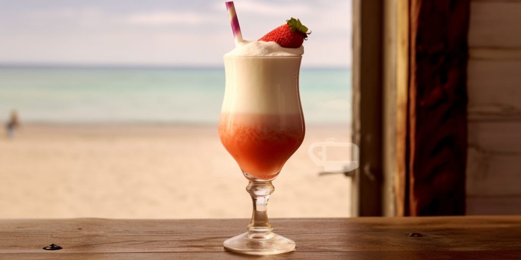 A creamy red and white Miami Vice cocktail standing on a windowsill overlooking a beach scene beyond