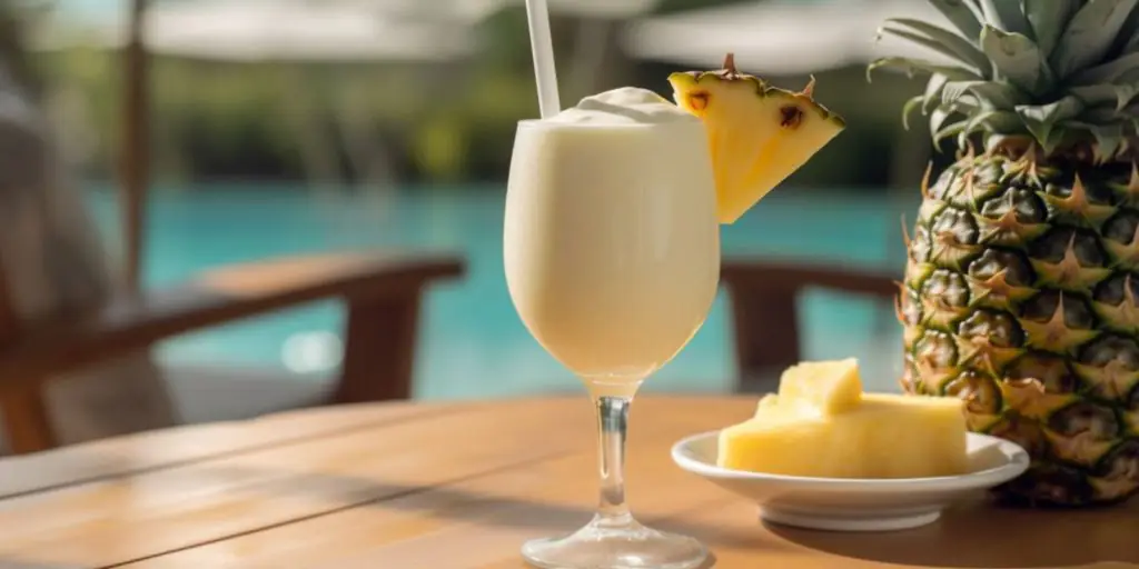 A creamy Virgin Pina Colada next to a fresh pineapple and slices of fresh pineapple on a table overlooking a pool on the sunny day