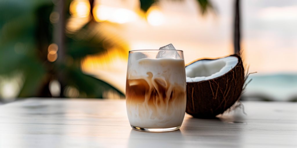 Coconut White Russian against a tropical sunset 