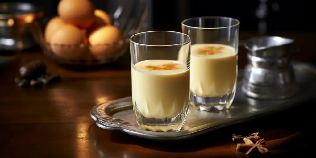 Two glasses of Eierlikör on a dark wooden table with a bowl of fresh eggs in the background