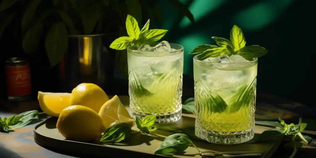 Two glasses of Gin Basil Smash on a table in a German kitchen setting