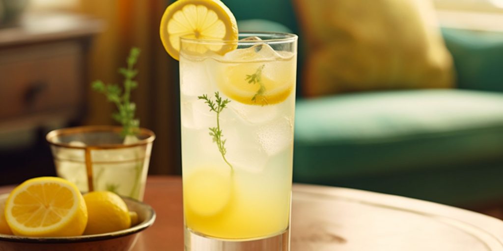 A gin and bitterlemon cocktail garnished with thyme in a tall glass on a wooden table in a modern lounge environment in daytime