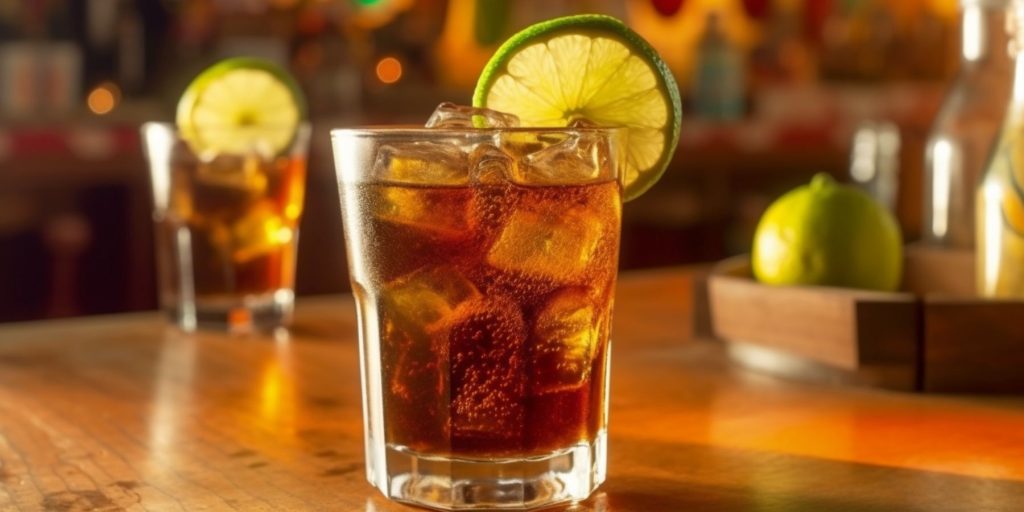 A gin and cola cocktail on the bar counter of a home Tiki bar