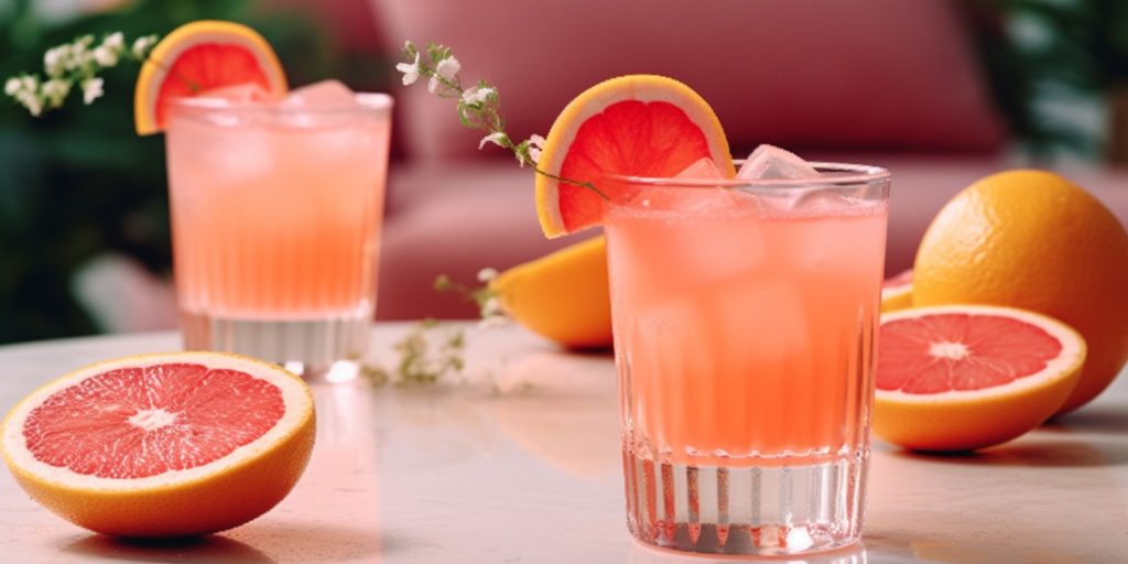 Two grapefruit juice cocktails on a white counter top in a pink room with fresh cut grapefruits around it