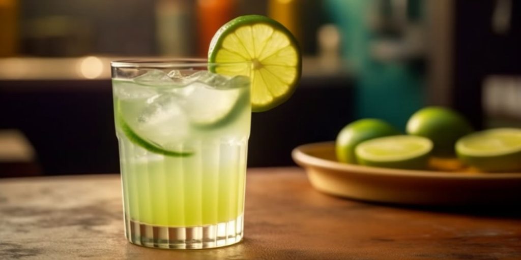 A gin and lime juice cocktail on a wooden table in a light bright home kitchen environment