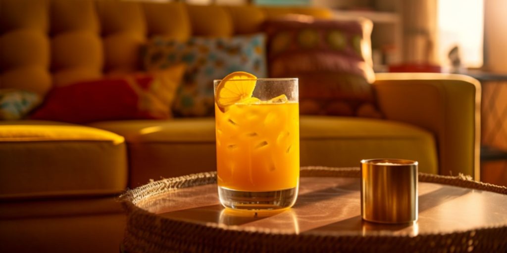 A gin and orange juice cocktail on a coffee table in a living room decored in a Midcentury Modern style