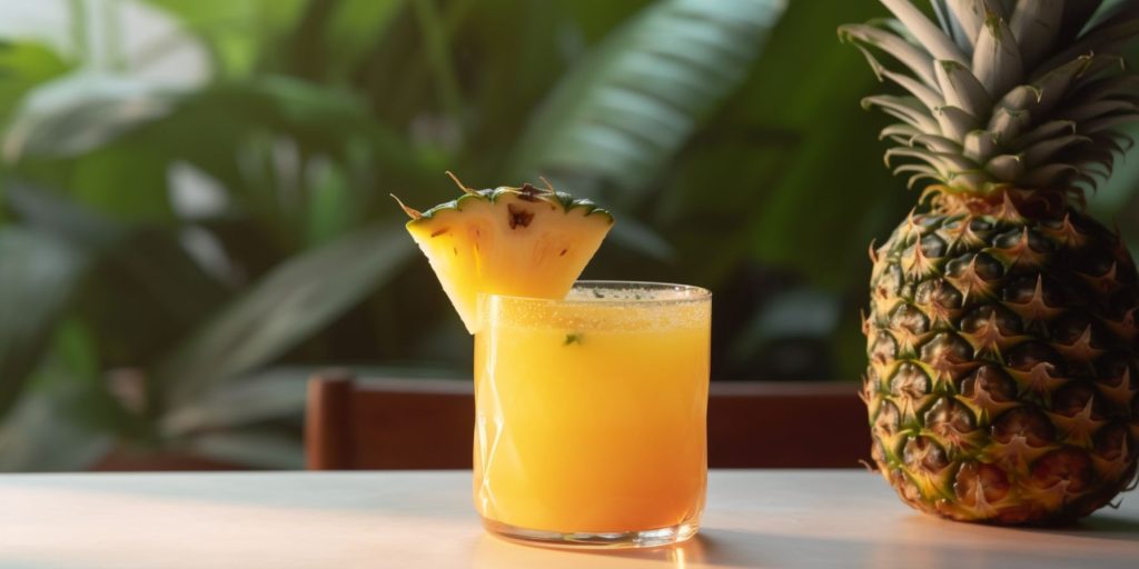 A gin and pineapple juice cocktail on a table in a greenhouse with a fresh pineapple next to it