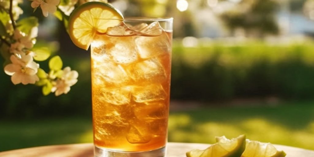 Gin and ginger beer cocktail on a table outside in a garden beneath a tree in bloom in springtime