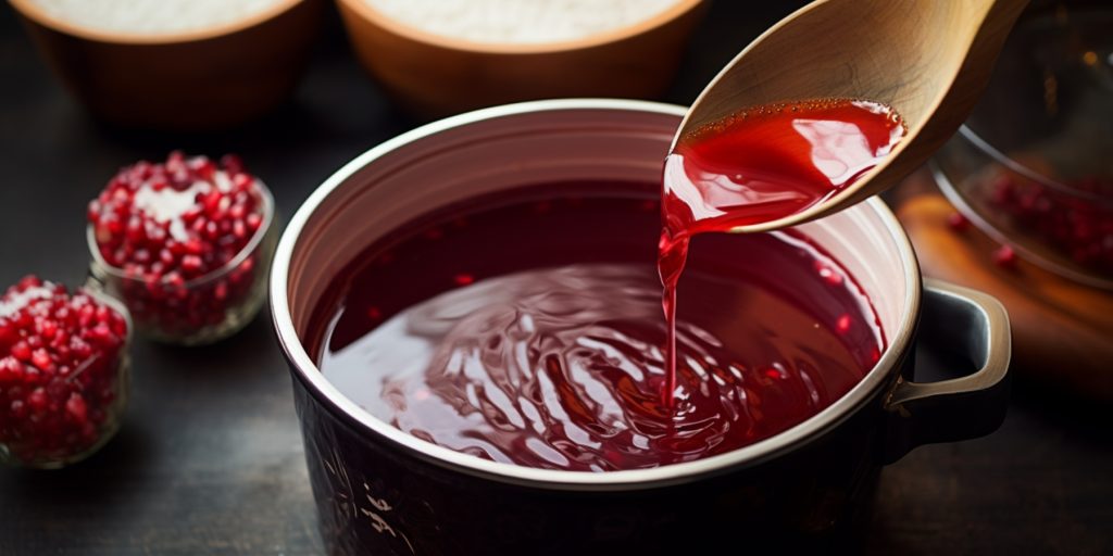 A pot of homemade grenadine syrup