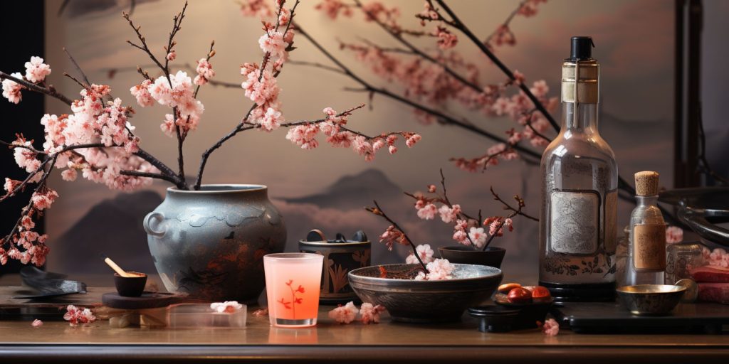 Wide angle shot of a bottle of Shochu and a variety of cocktail-making essentials set in an ornate Japanese interior with cherry blossoms in a vase