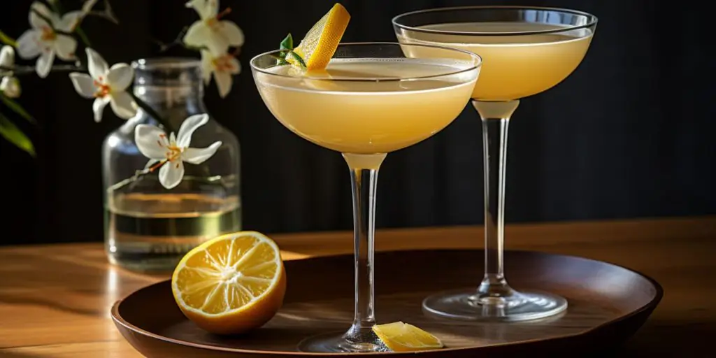 A pair of Japanese Sidecar cocktails in a light, bright indoor Japanese setting