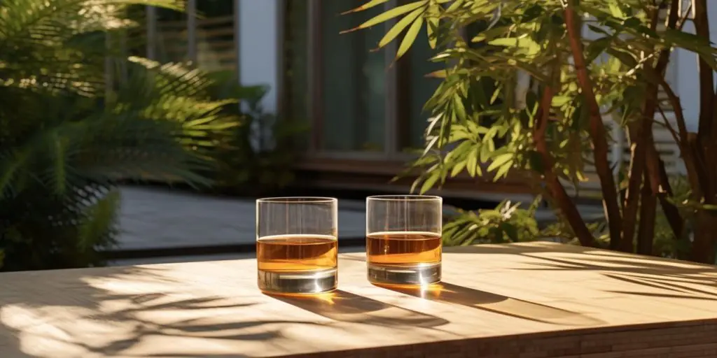 Two tumblers of Japanese whiskey on a table in a minimalist Japanese home courtyard