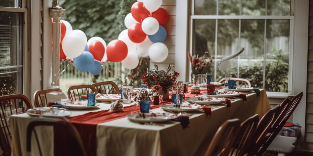 An indoor/outdoor living room space set up for a Labor Day party with red, white, and blue balloons, bunting and table decorations