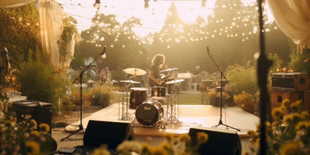 A backyard set up for Labor Day entertainment with a stage for live music with a band setting up to play at dusk