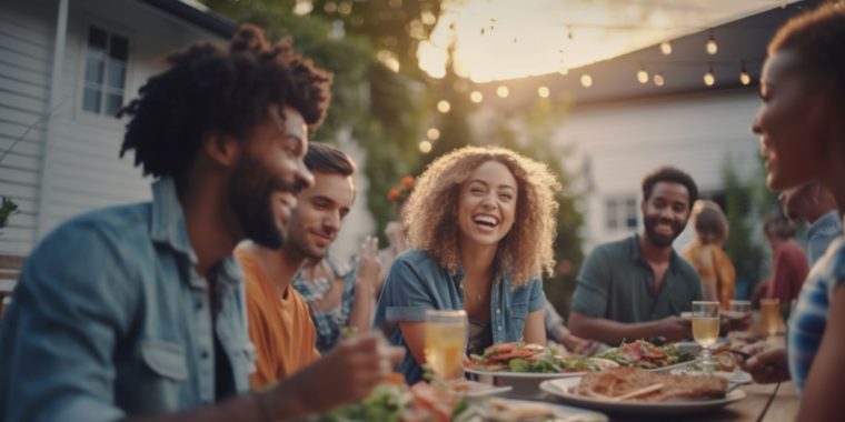 A group of fun-loving, smiling friends hanging ou t around a table in a festive backyard at a Labor Day Party