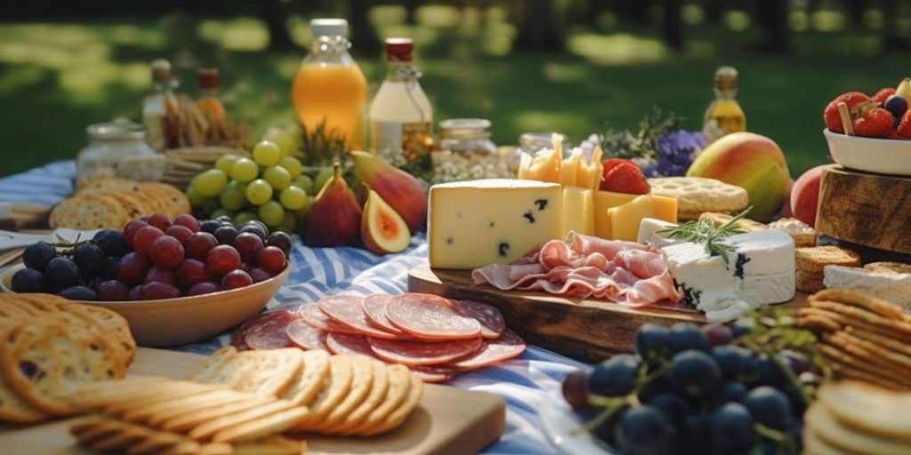 Labo Day party picnic set-up with fruit, crackers, cheese, and deli meats in a sunny backyard space