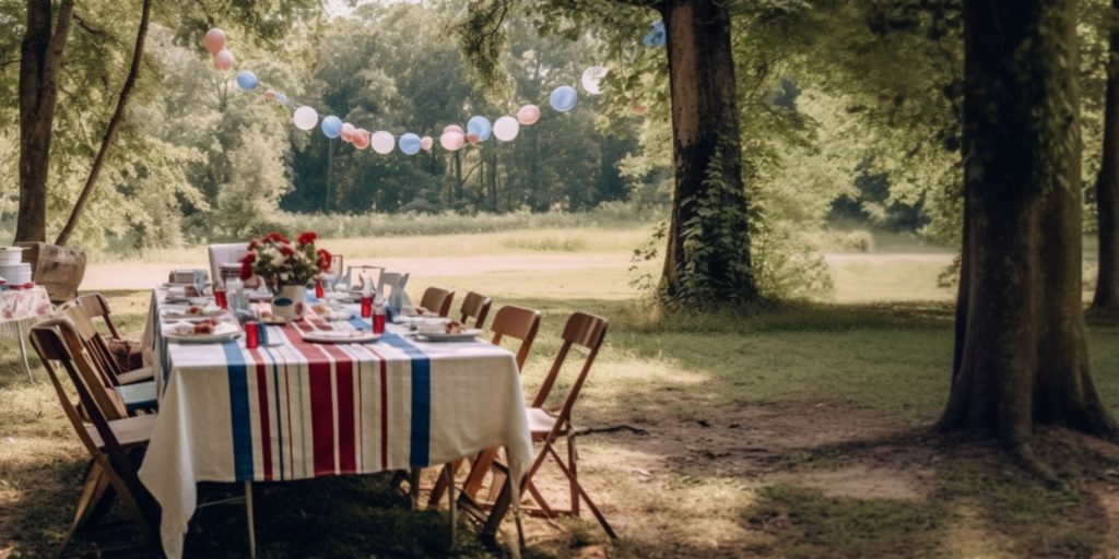 Labor Day party picnic set-up in a beautiful woodlands environment in daytime 